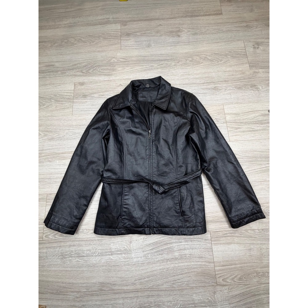 Jacqueline Ferrar Black Leather Belted Zip Up Jacket Sz Small Collared Moto Coat